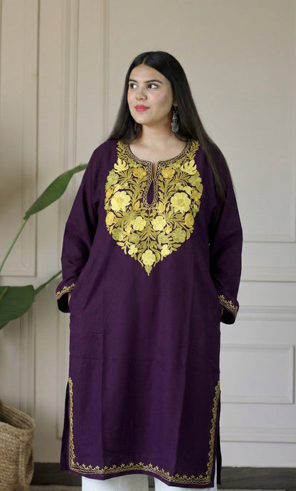 Wine Sage Gold Aari Embroidered Fine Cashmilon Pheran