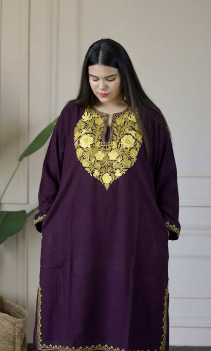 Wine Sage Gold Aari Embroidered Fine Cashmilon Pheran
