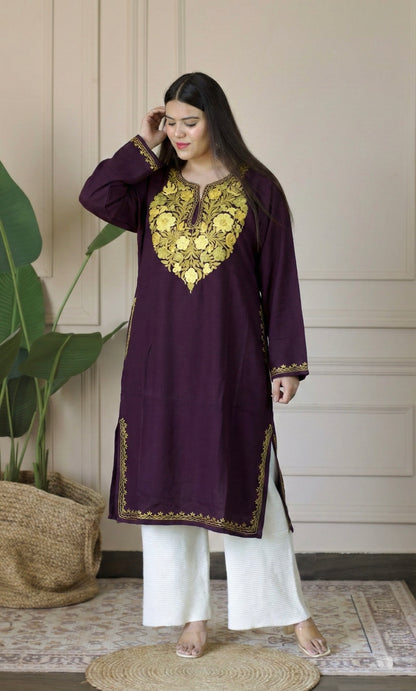 Wine Sage Gold Aari Embroidered Fine Cashmilon Pheran