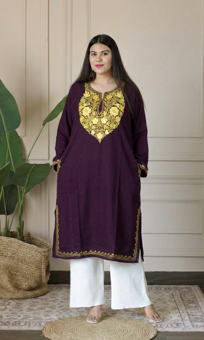 Wine Sage Gold Aari Embroidered Fine Cashmilon Pheran
