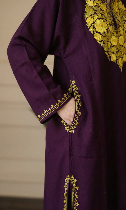 Wine Sage Gold Aari Embroidered Fine Cashmilon Pheran