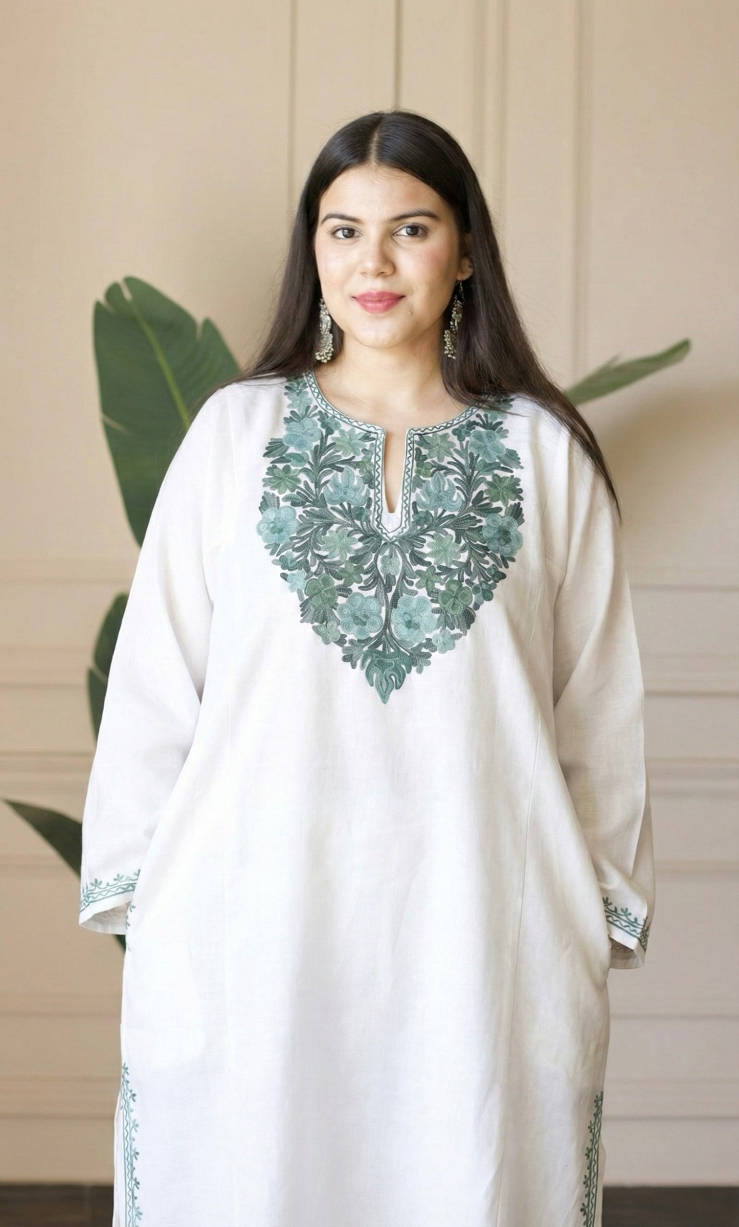 White Mint Aari Embroidered Fine Cashmilon Pheran