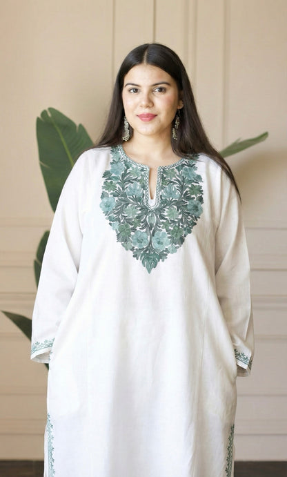 White Mint Aari Embroidered Fine Cashmilon Pheran