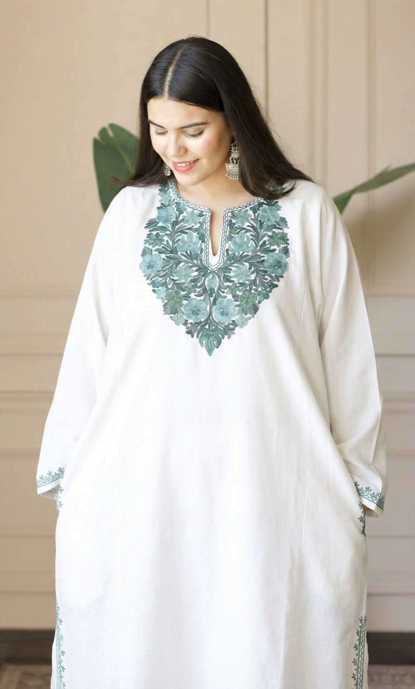 White Mint Aari Embroidered Fine Cashmilon Pheran