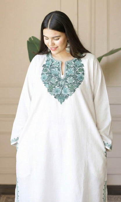 White Mint Aari Embroidered Fine Cashmilon Pheran
