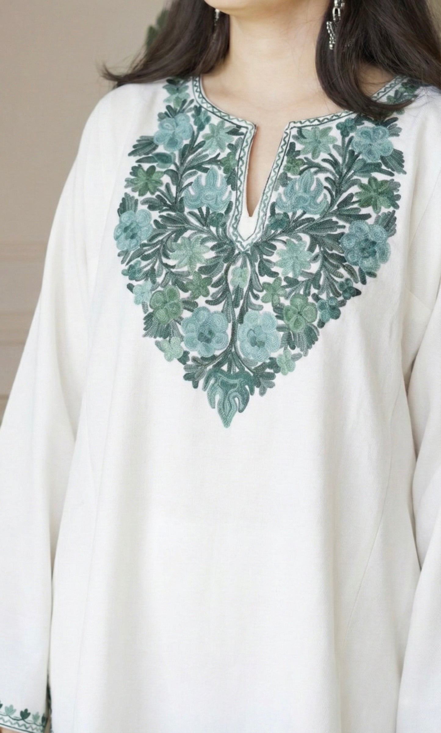 White Mint Aari Embroidered Fine Cashmilon Pheran