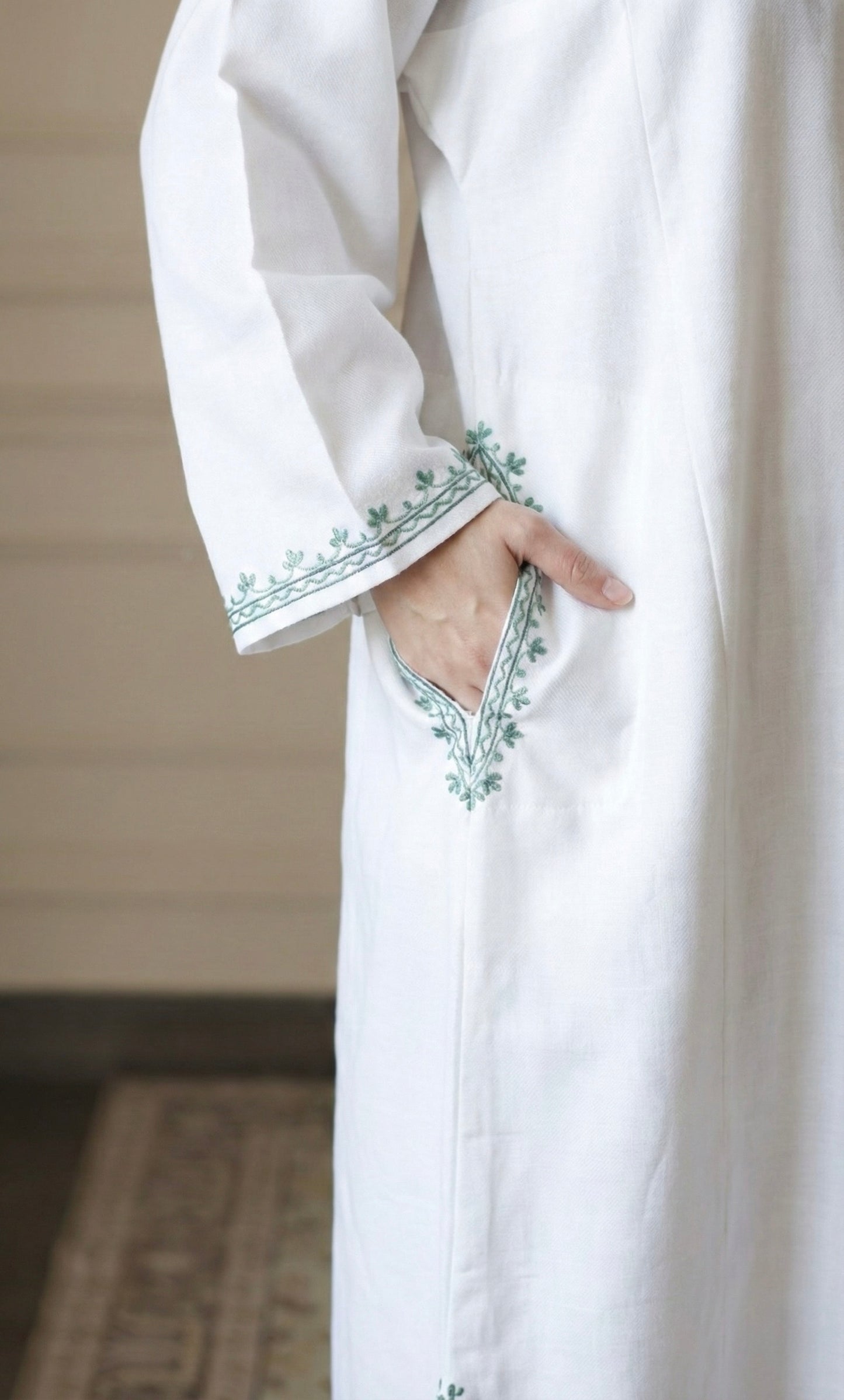 White Mint Aari Embroidered Fine Cashmilon Pheran