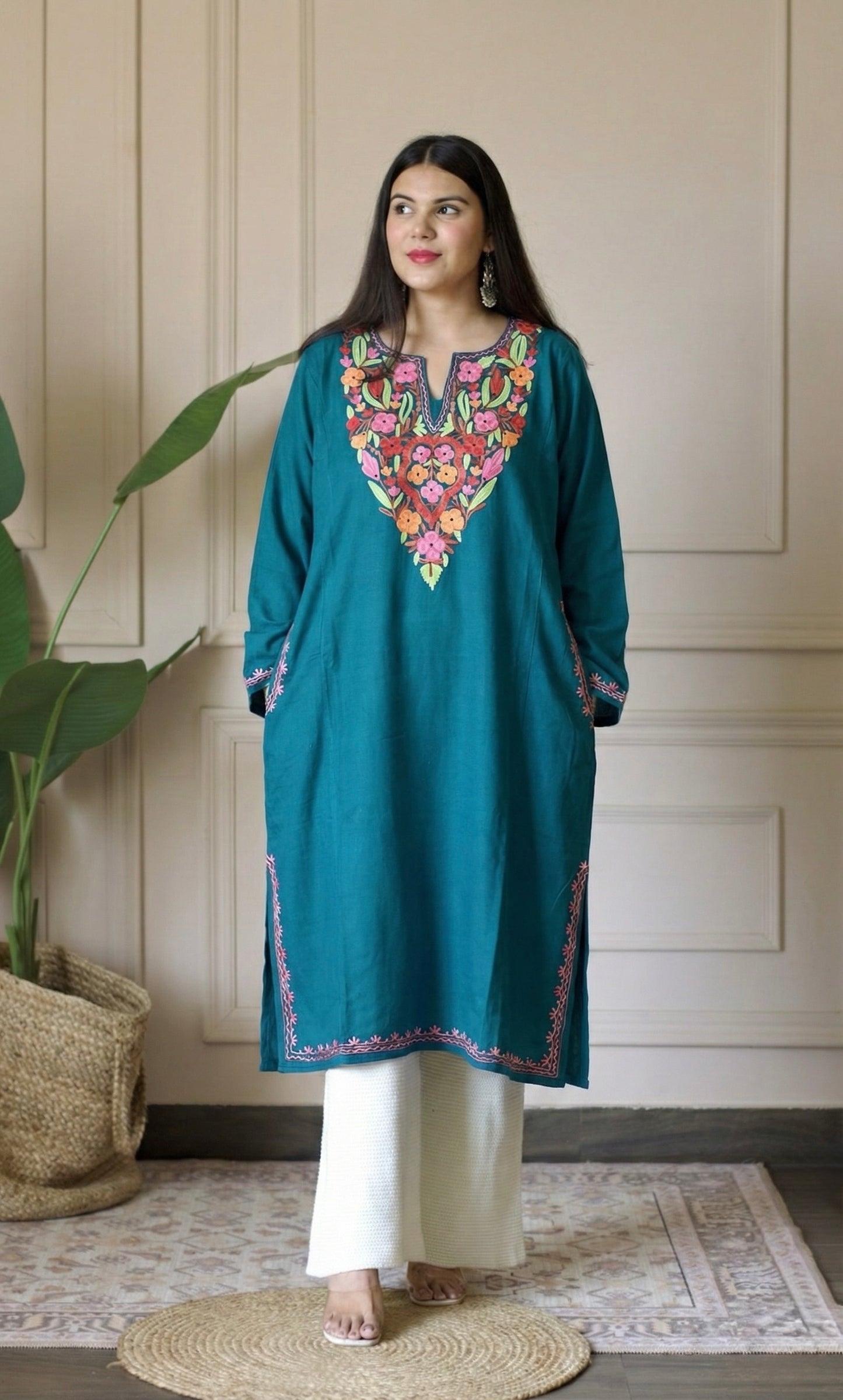 Sea Green Multi Aari Embroidered Fine Cashmilon Pheran