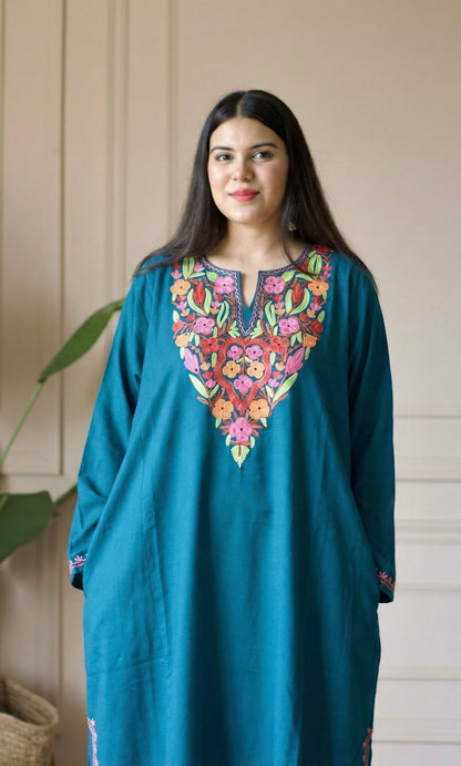 Sea Green Multi Aari Embroidered Fine Cashmilon Pheran