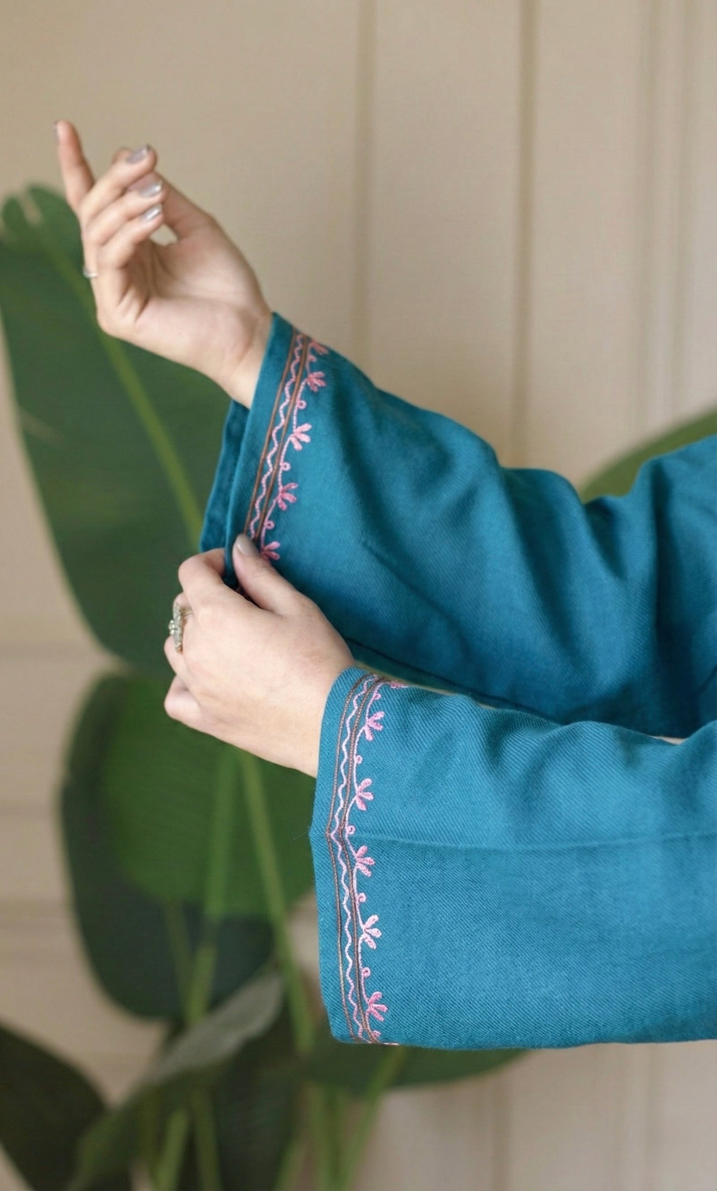 Sea Green Multi Aari Embroidered Fine Cashmilon Pheran