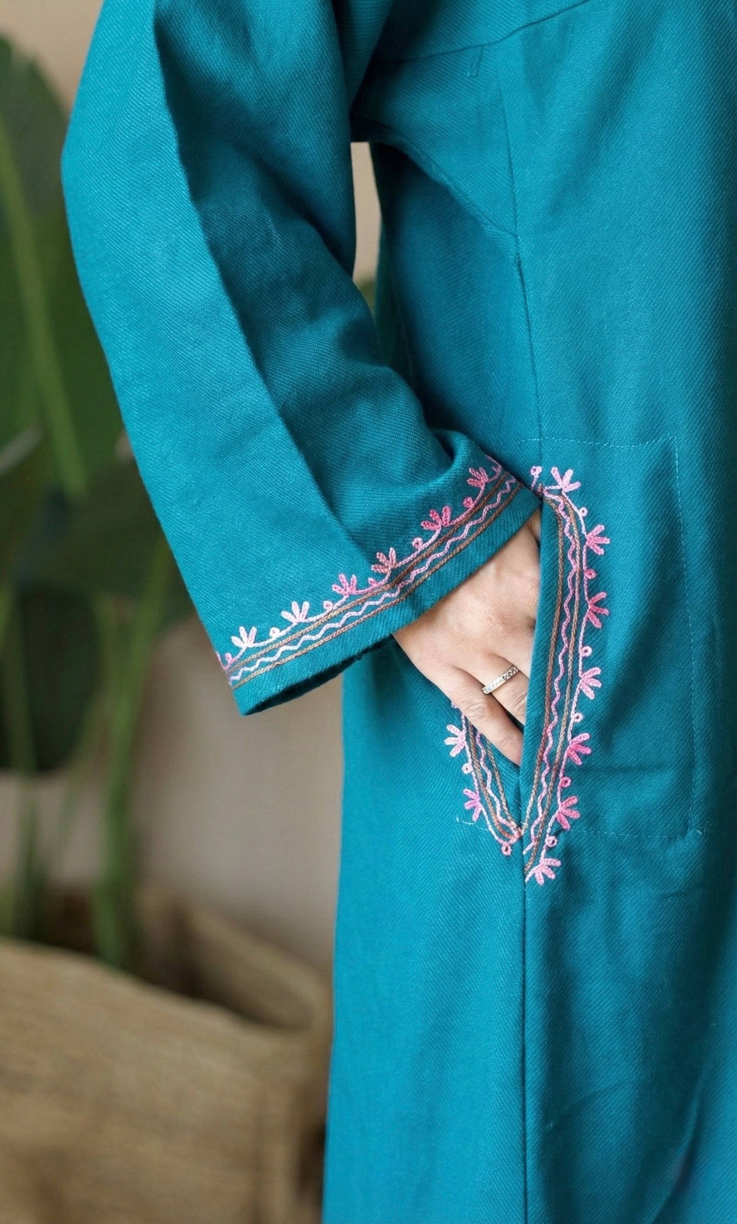 Sea Green Multi Aari Embroidered Fine Cashmilon Pheran