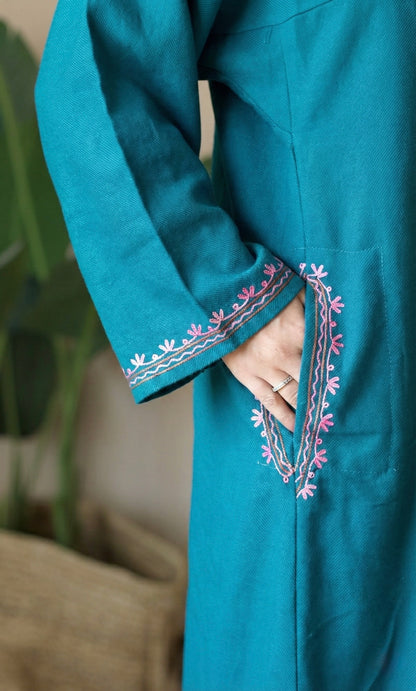 Sea Green Multi Aari Embroidered Fine Cashmilon Pheran