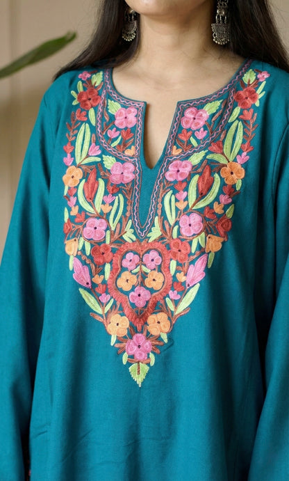 Sea Green Multi Aari Embroidered Fine Cashmilon Pheran