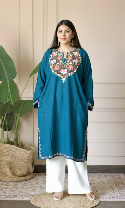 Sea Green Vibrant Aari Embroidered Fine Cashmilon Pheran