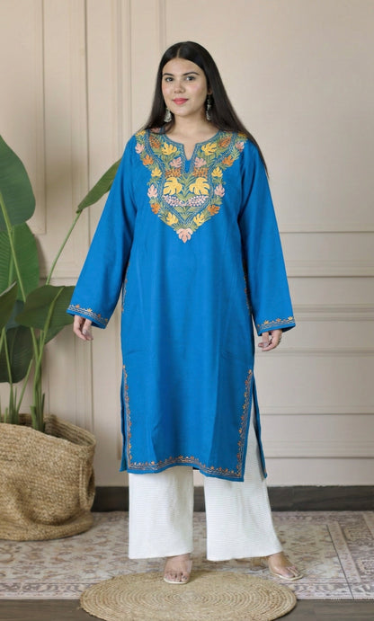 Blue Vibrant Aari Embroidered Fine Cashmilon Pheran