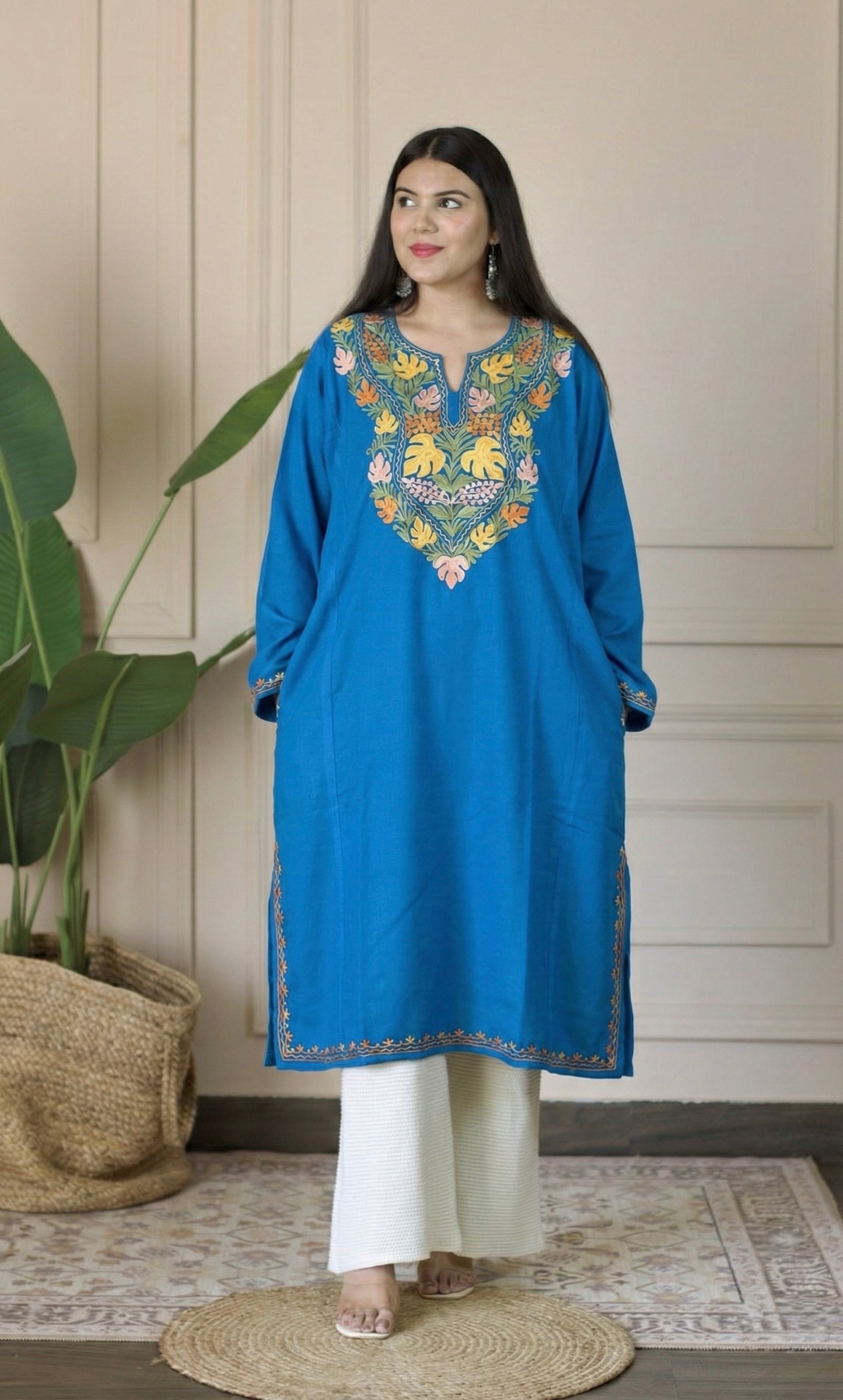 Blue Vibrant Aari Embroidered Fine Cashmilon Pheran