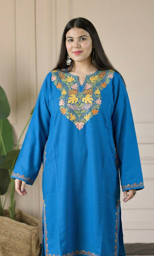 Blue Vibrant Aari Embroidered Fine Cashmilon Pheran
