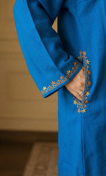 Blue Vibrant Aari Embroidered Fine Cashmilon Pheran