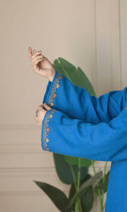 Blue Vibrant Aari Embroidered Fine Cashmilon Pheran