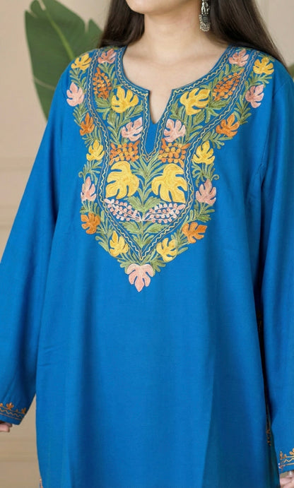 Blue Vibrant Aari Embroidered Fine Cashmilon Pheran