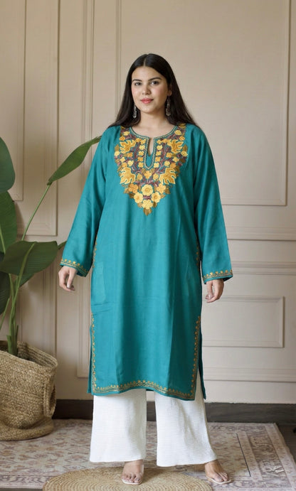Light Sea Green Gold Aari Embroidered Fine Cashmilon Pheran