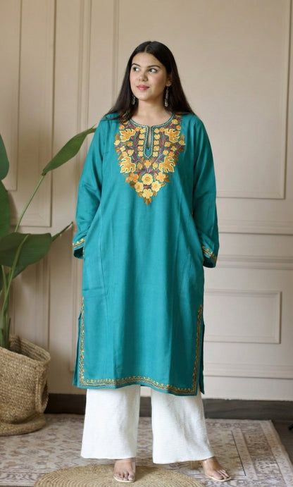 Light Sea Green Gold Aari Embroidered Fine Cashmilon Pheran