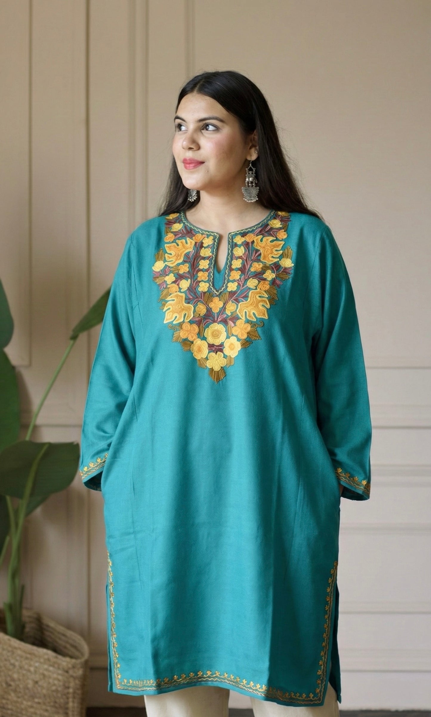Light Sea Green Gold Aari Embroidered Fine Cashmilon Pheran