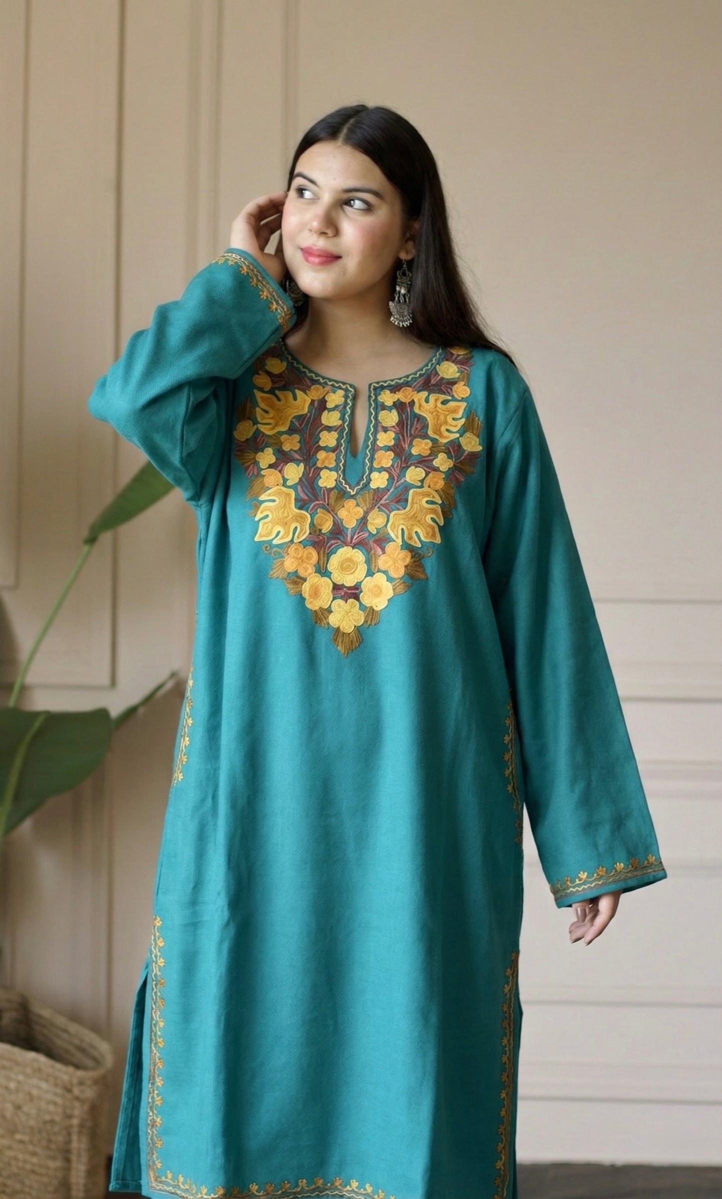 Light Sea Green Gold Aari Embroidered Fine Cashmilon Pheran