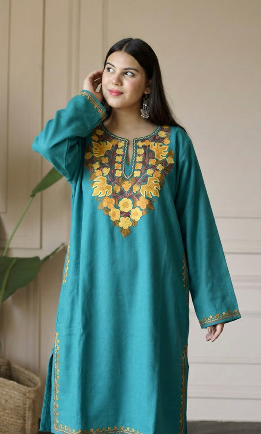 Light Sea Green Gold Aari Embroidered Fine Cashmilon Pheran