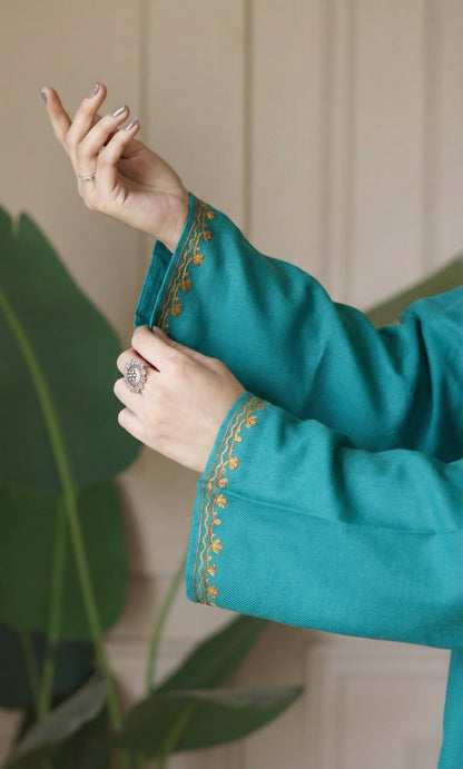 Light Sea Green Gold Aari Embroidered Fine Cashmilon Pheran