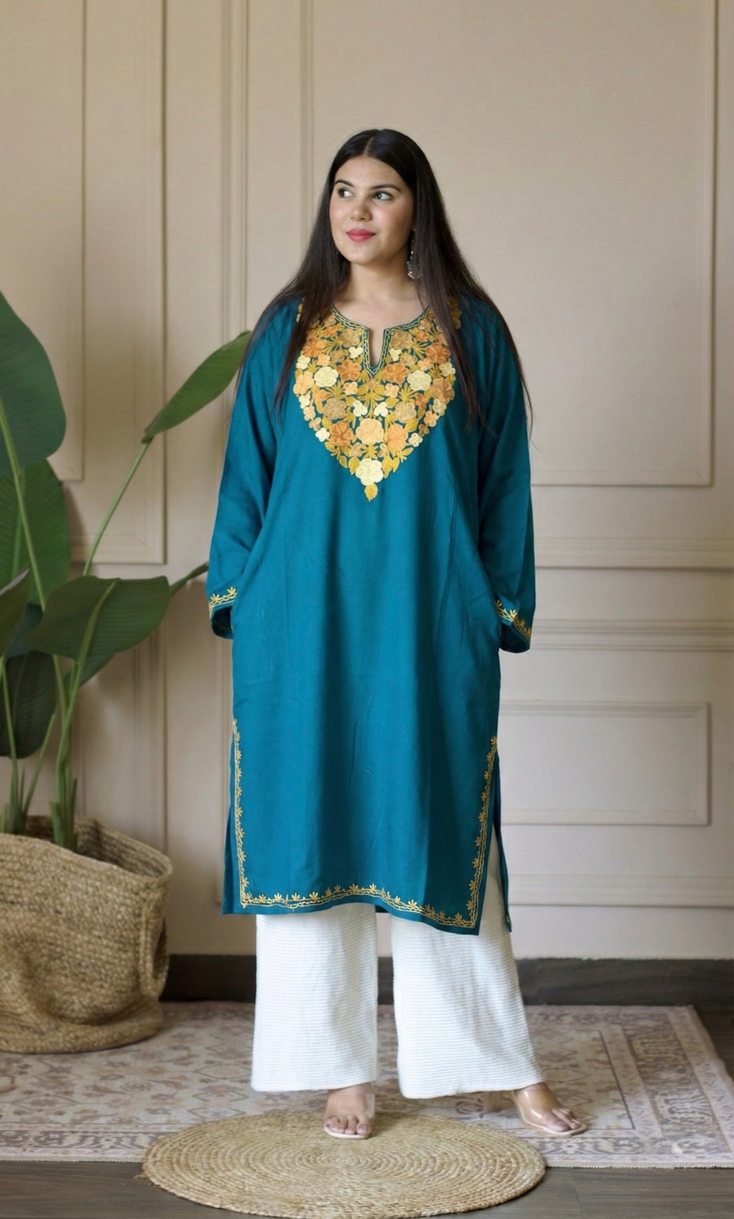 Golden Drift Sea Green Aari Embroidered Fine Cashmilon Pheran