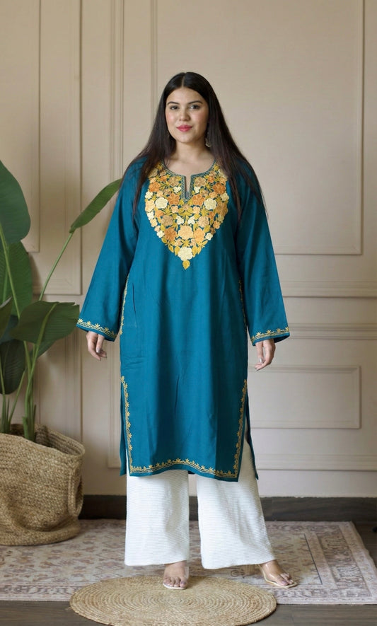 Golden Drift Sea Green Aari Embroidered Fine Cashmilon Pheran