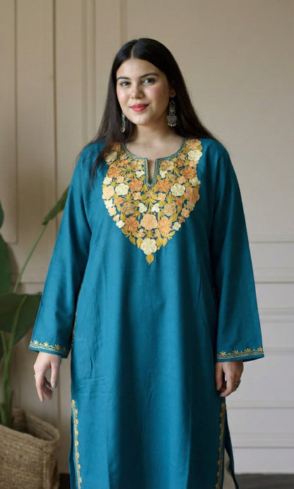 Golden Drift Sea Green Aari Embroidered Fine Cashmilon Pheran