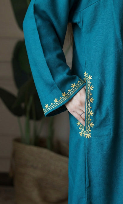 Golden Drift Sea Green Aari Embroidered Fine Cashmilon Pheran