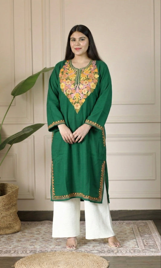 Emerald Bloom Green Aari Embroidered Fine Cashmilon Pheran