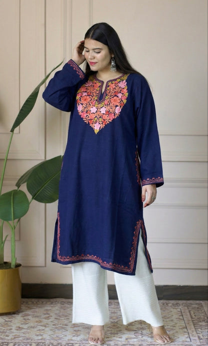 Midnight Bloom Navy Blue Aari Embroidered Fine Cashmilon Pheran