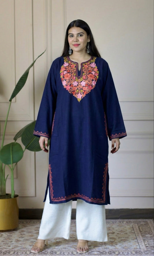 Midnight Bloom Navy Blue Aari Embroidered Fine Cashmilon Pheran