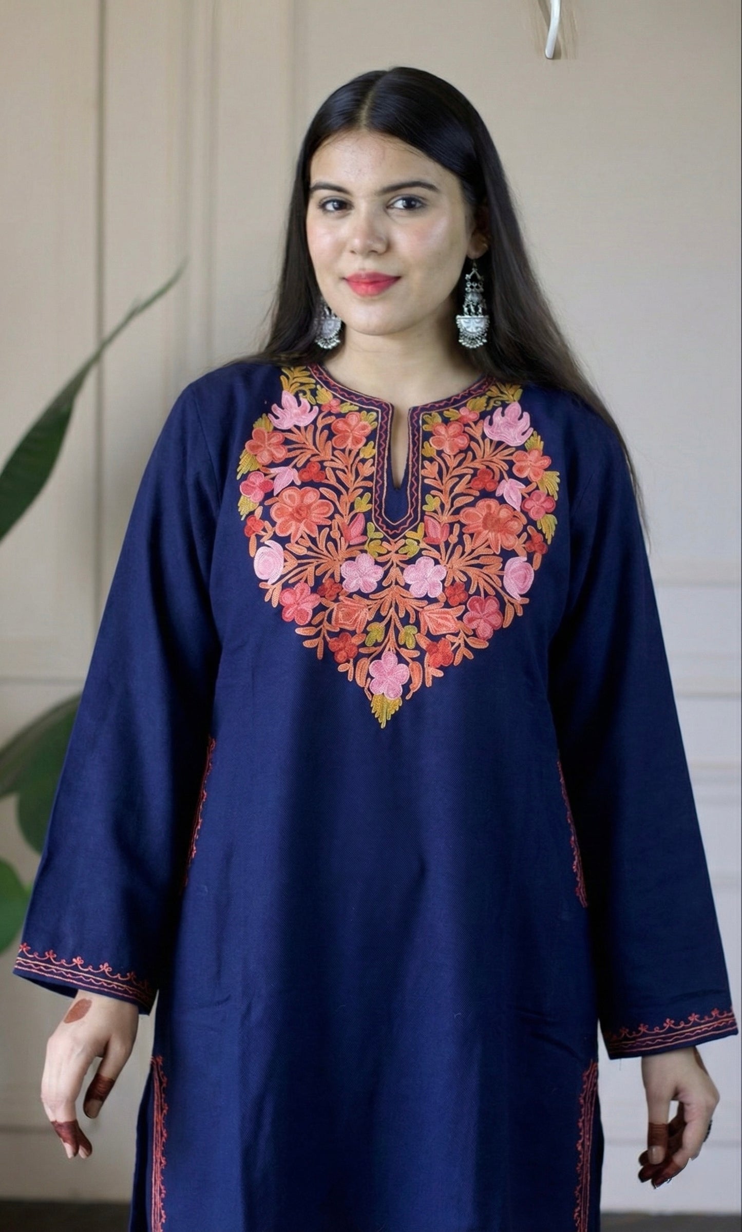 Midnight Bloom Navy Blue Aari Embroidered Fine Cashmilon Pheran