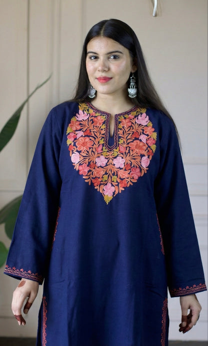 Midnight Bloom Navy Blue Aari Embroidered Fine Cashmilon Pheran