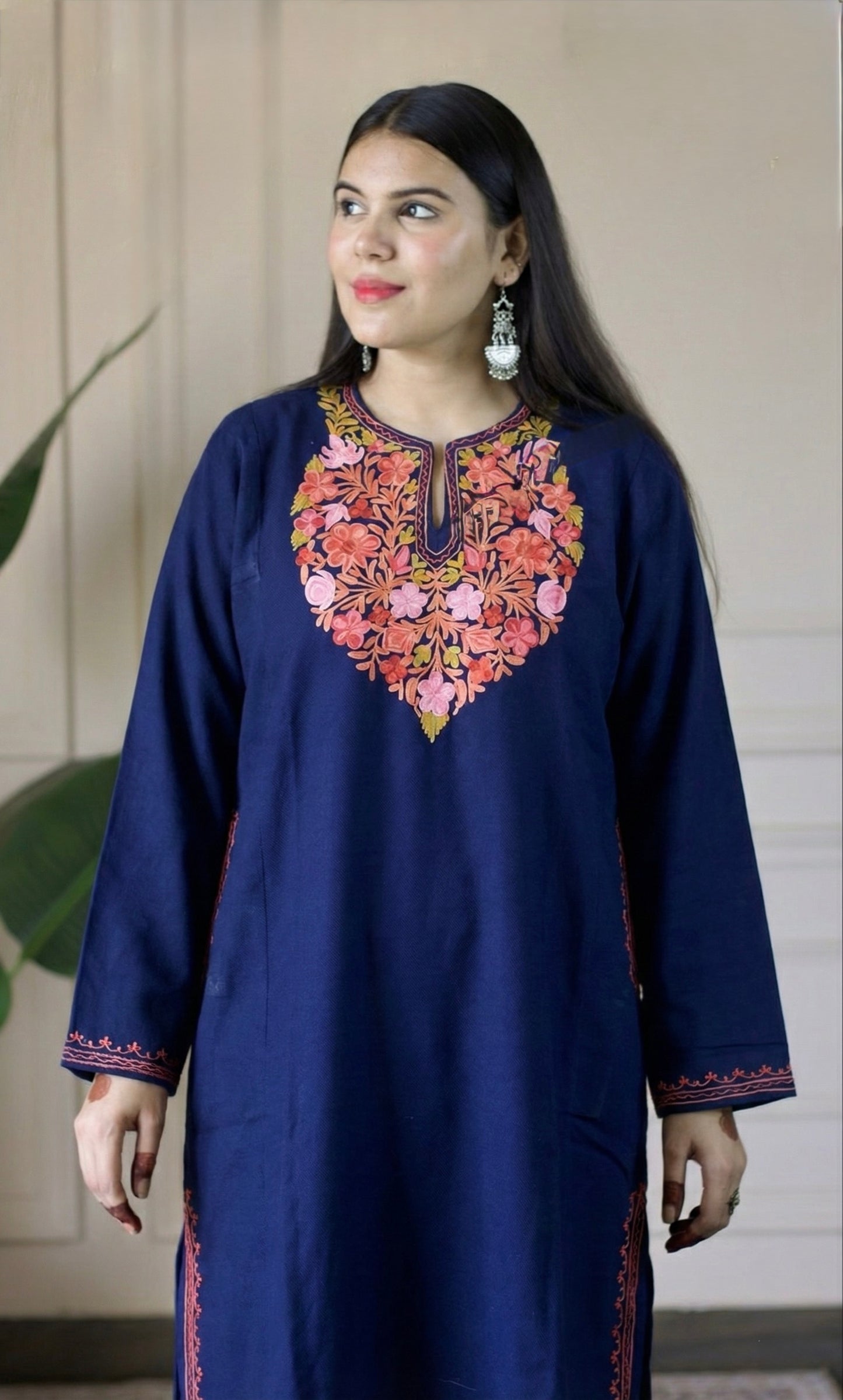 Midnight Bloom Navy Blue Aari Embroidered Fine Cashmilon Pheran