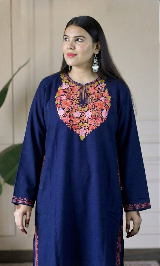 Midnight Bloom Navy Blue Aari Embroidered Fine Cashmilon Pheran
