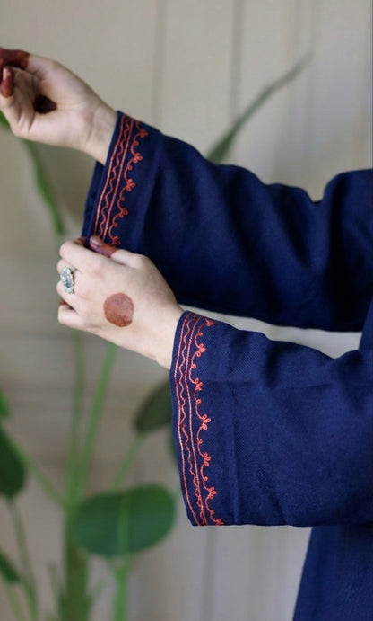 Midnight Bloom Navy Blue Aari Embroidered Fine Cashmilon Pheran