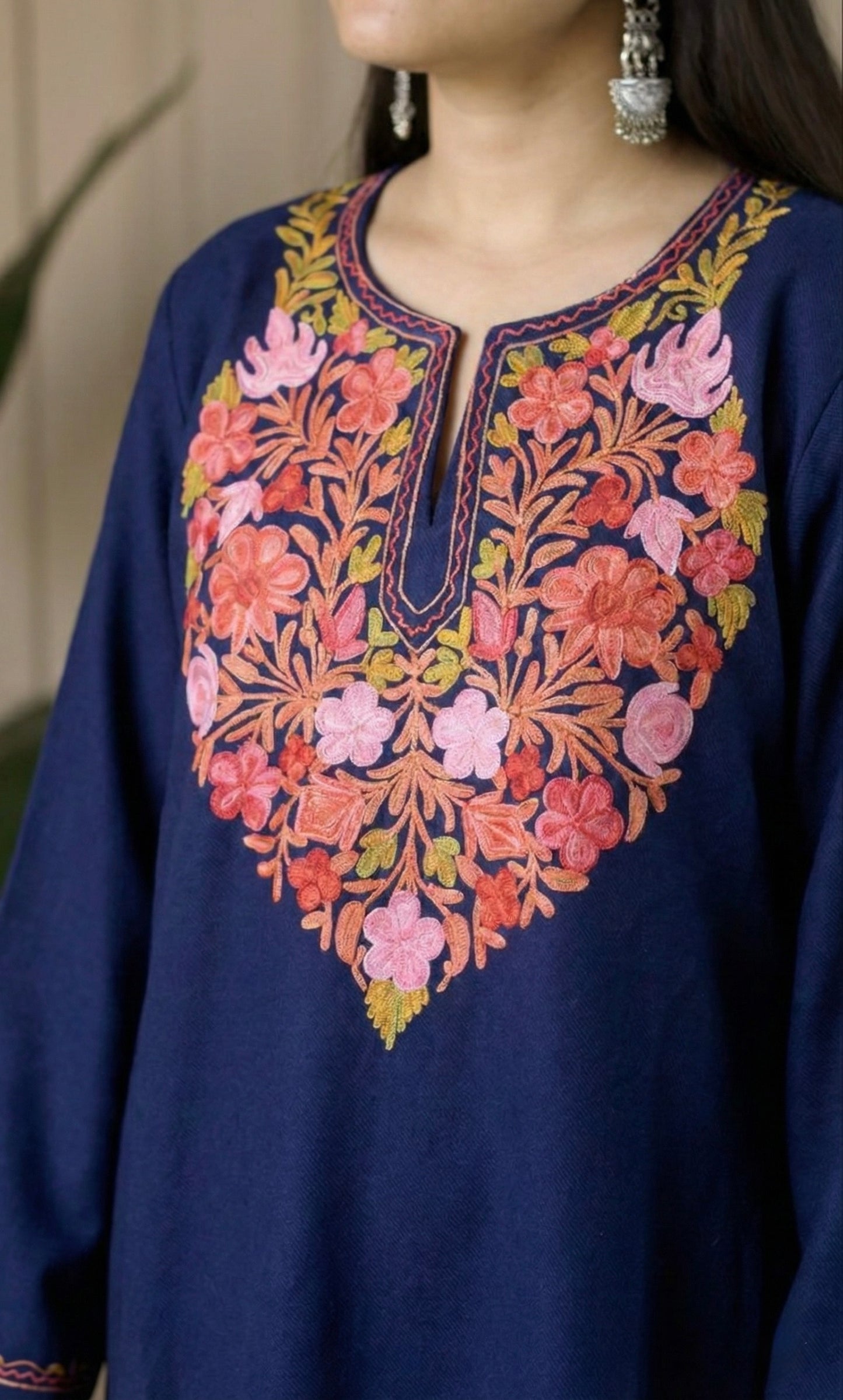 Midnight Bloom Navy Blue Aari Embroidered Fine Cashmilon Pheran