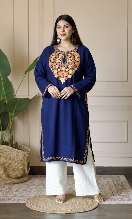 Saffron Glow Navy Blue Aari Embroidered Fine Cashmilon Pheran