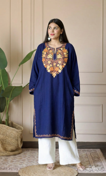 Saffron Glow Navy Blue Aari Embroidered Fine Cashmilon Pheran