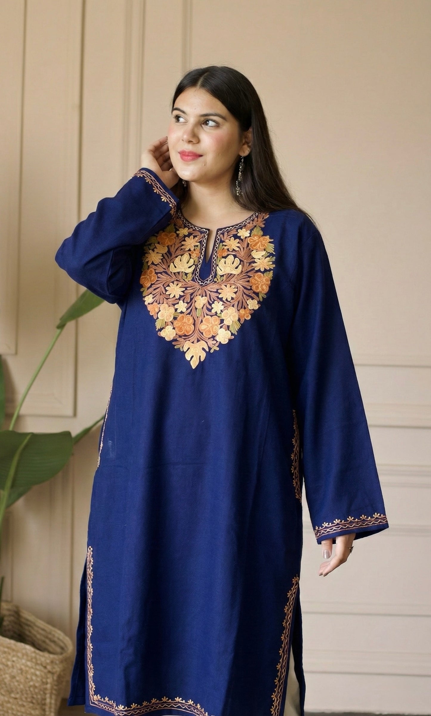 Saffron Glow Navy Blue Aari Embroidered Fine Cashmilon Pheran