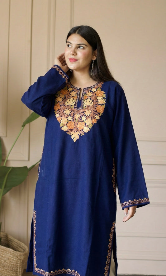 Saffron Glow Navy Blue Aari Embroidered Fine Cashmilon Pheran