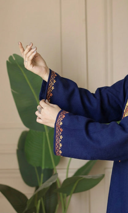 Saffron Glow Navy Blue Aari Embroidered Fine Cashmilon Pheran