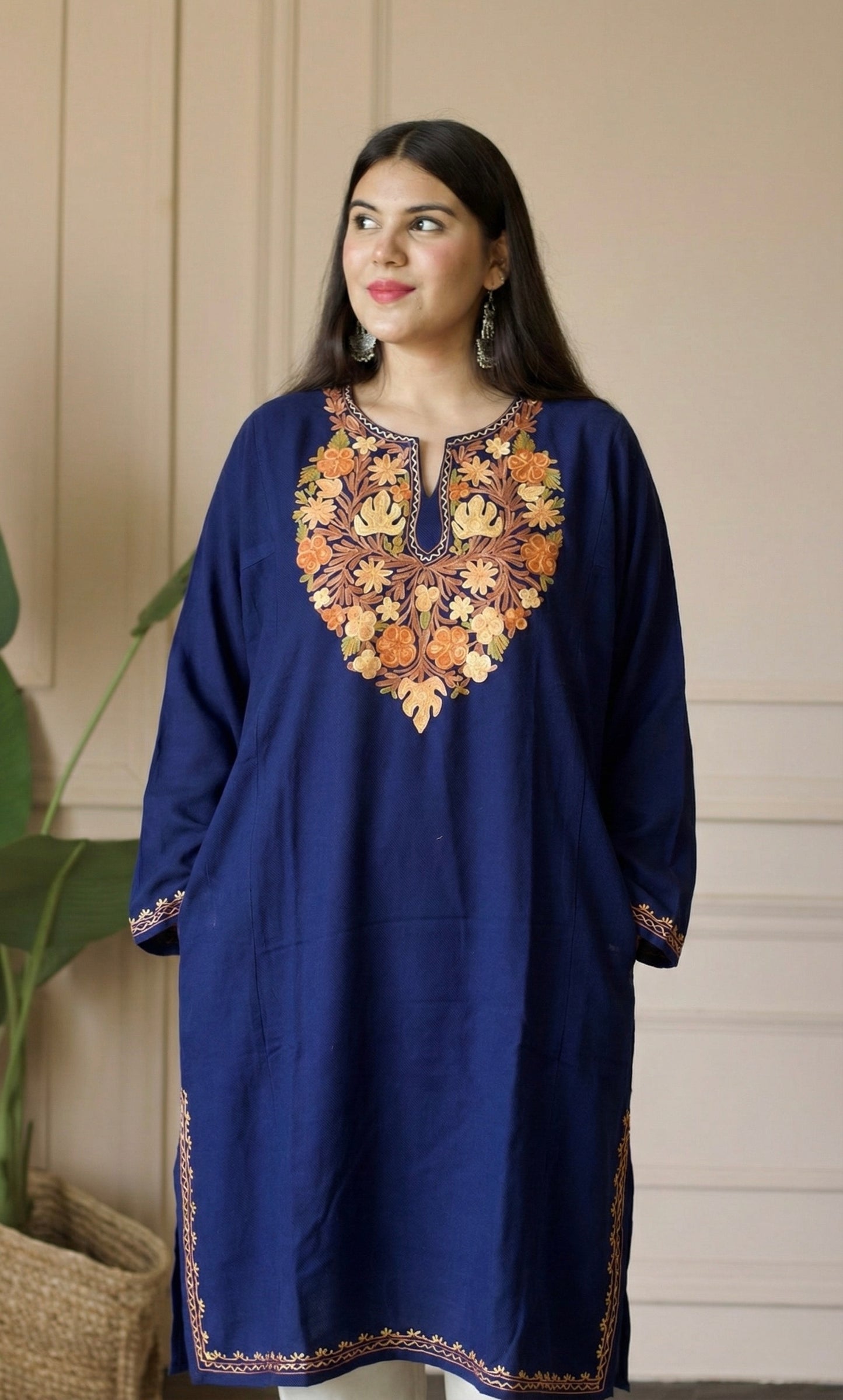 Saffron Glow Navy Blue Aari Embroidered Fine Cashmilon Pheran