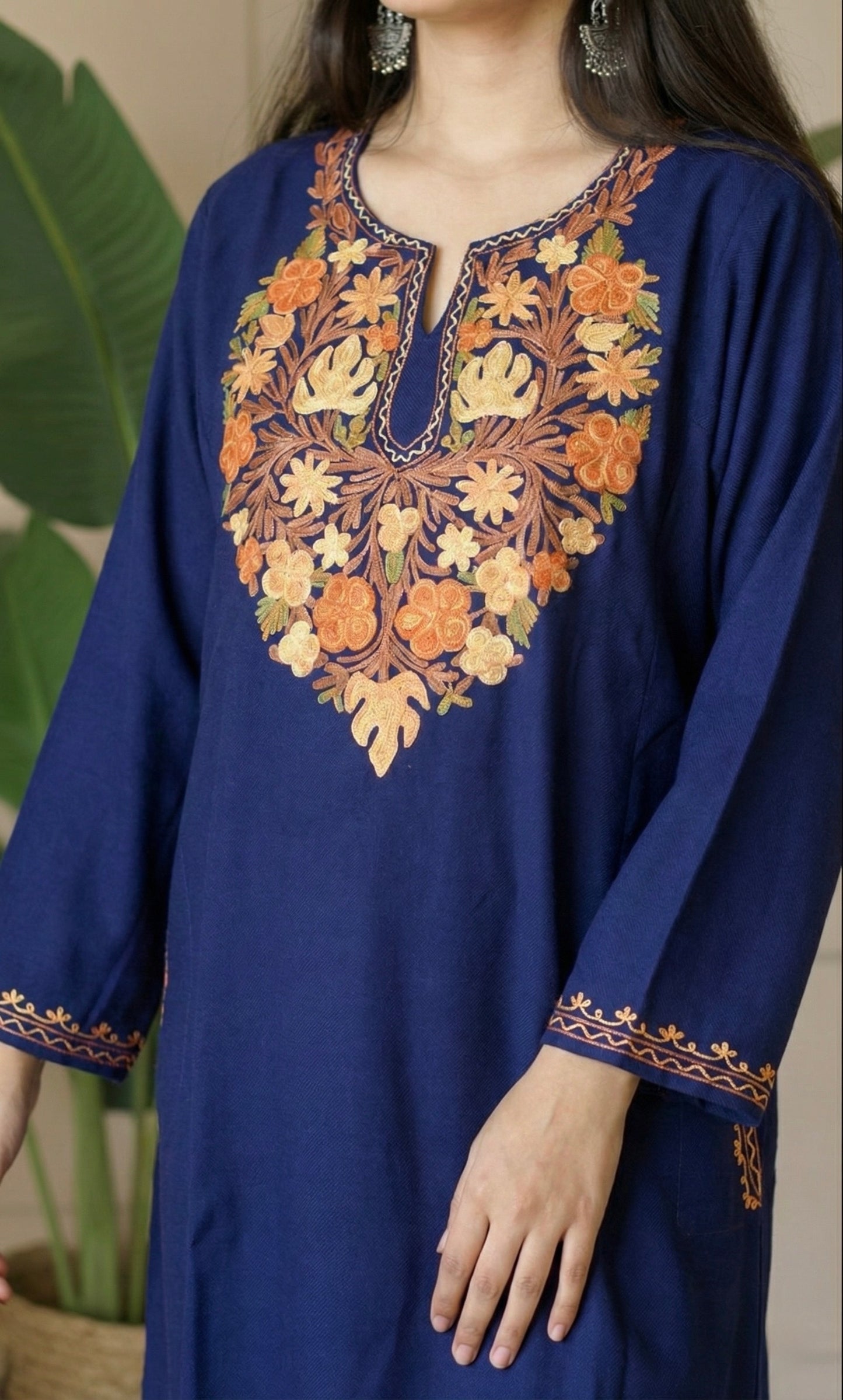 Saffron Glow Navy Blue Aari Embroidered Fine Cashmilon Pheran